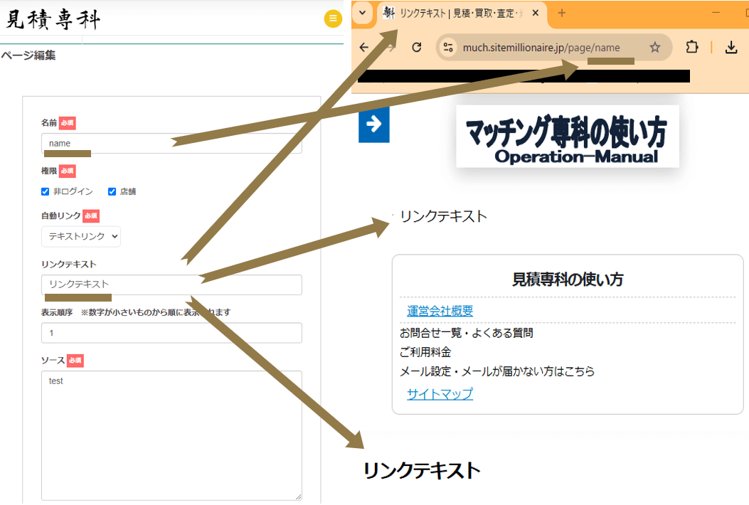 テキストリンク反映場所を説明する画像 テキストリンクの反映場所について解説